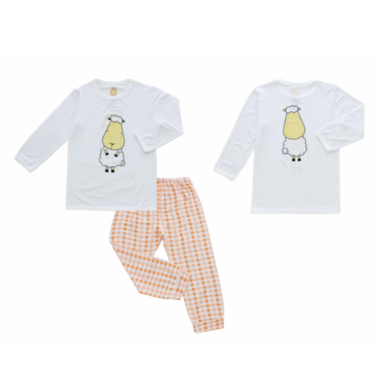 Pyjamas Set White Front Back Sheepz + Orange Checker