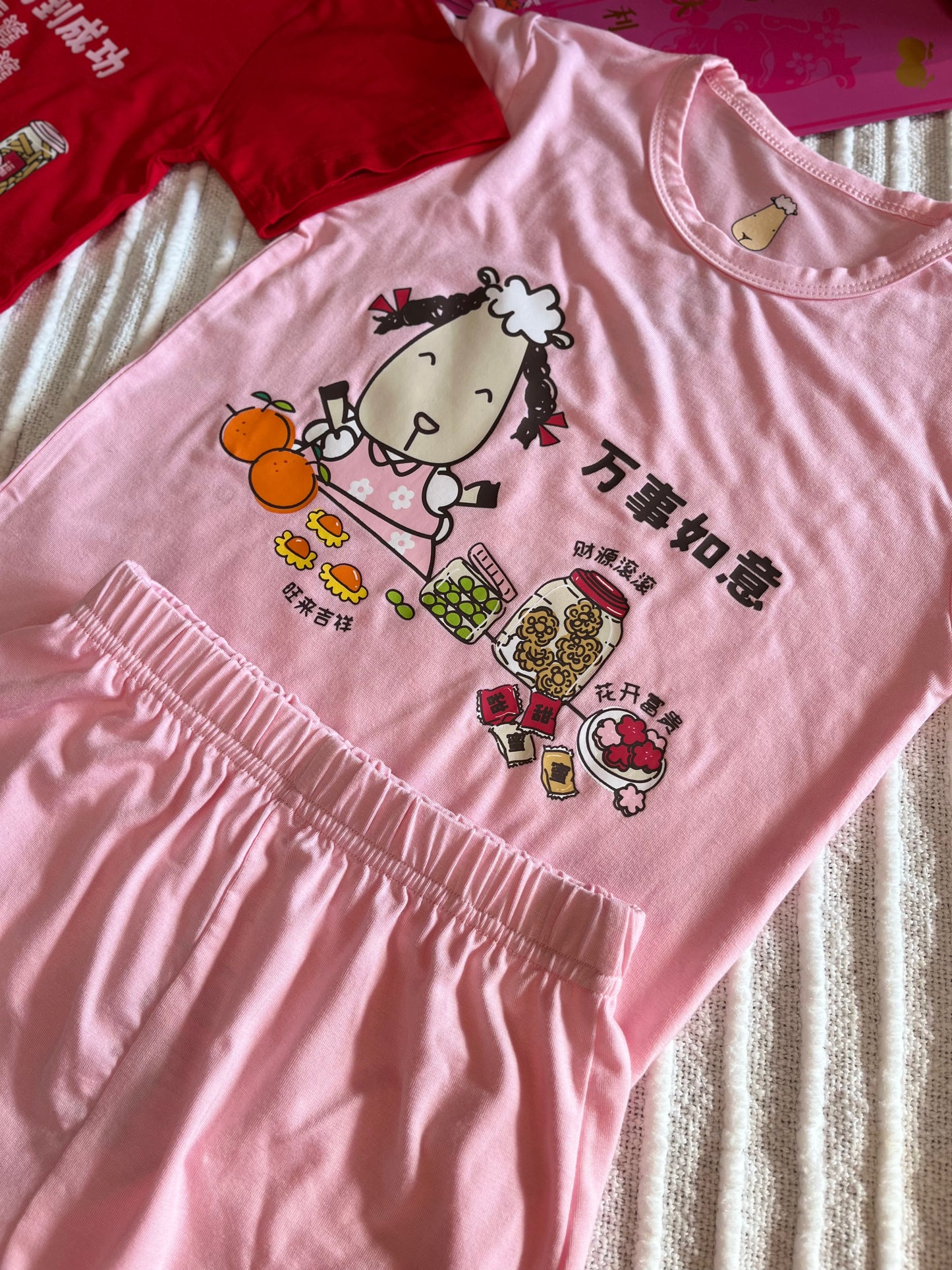Lucky Snacks PJ Set CNY 26 Short Sleeve Shirt Pink + Shorts Pink