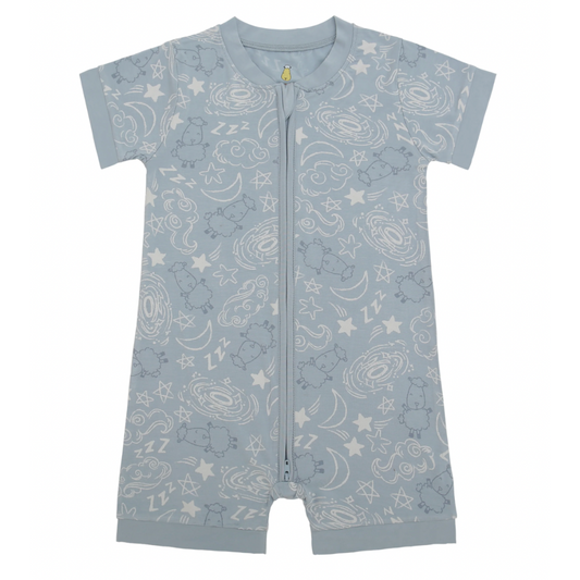 Zip Short Sleeve Romper Baa Baa in the Universe Blue