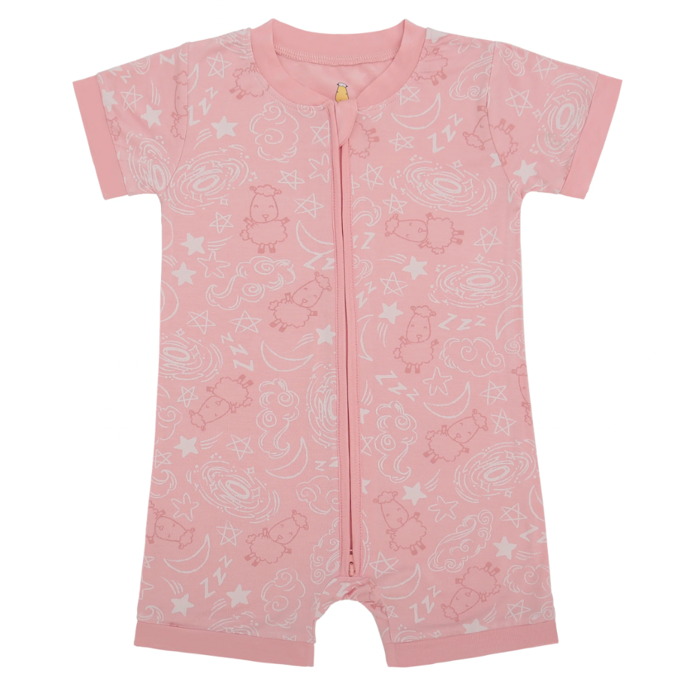 Zip Short Sleeve Romper Baa Baa in the Universe Pink