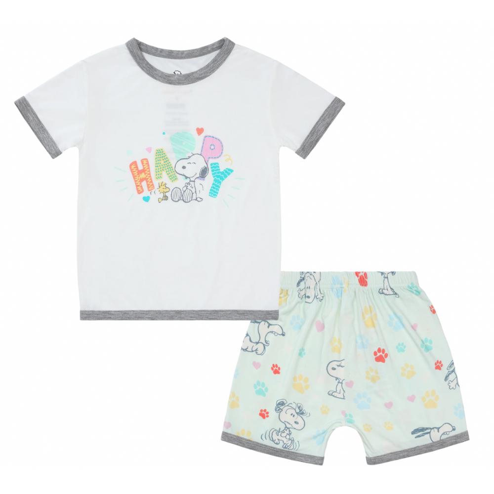 Snoopy PJ Set Short Sleeve Shirt S06 White + Shorts S01 Green