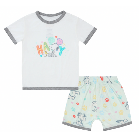 Snoopy PJ Set Short Sleeve Shirt S06 White + Shorts S01 Green