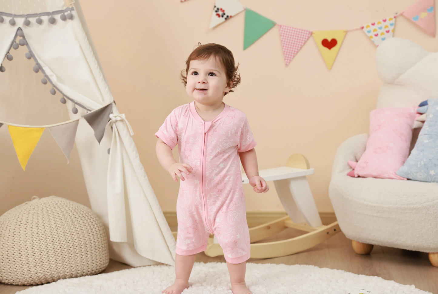 Zip Short Sleeve Romper Baa Baa in the Universe Pink